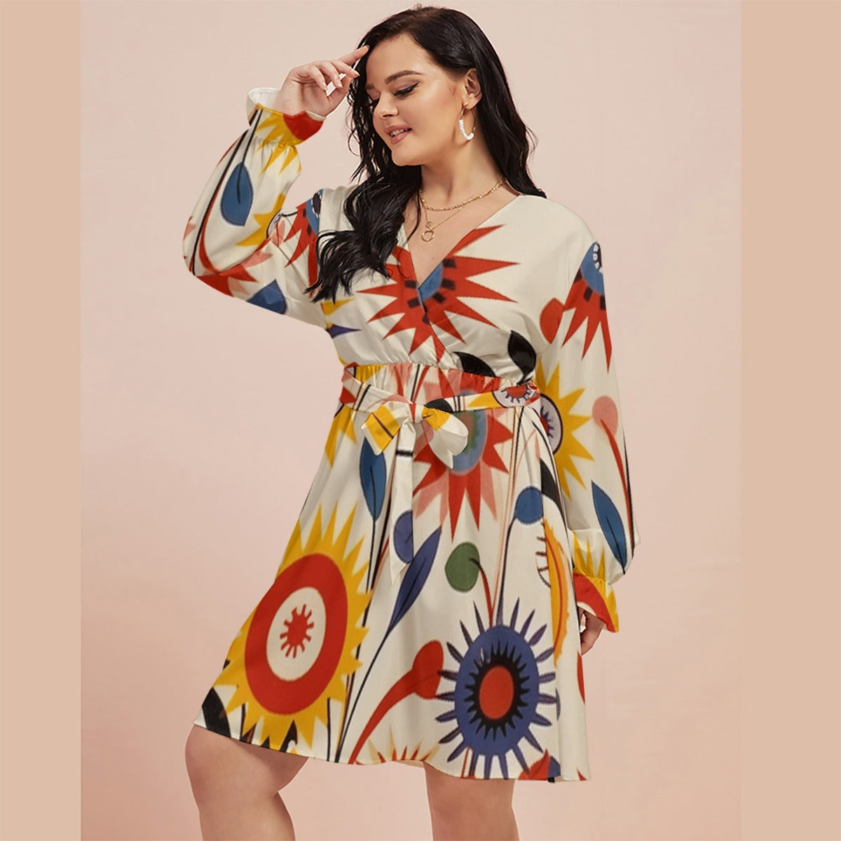 All-Over Print Women's V-neck Dress With Waistband(Plus Size)