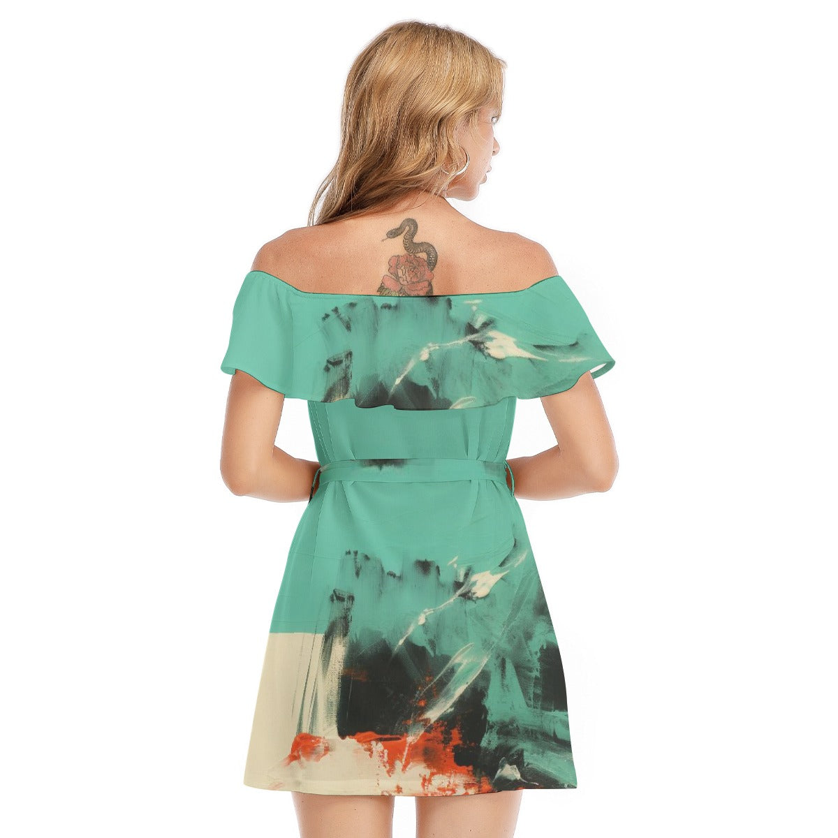 All-Over Print Women's Off-shoulder Dress With Ruffle