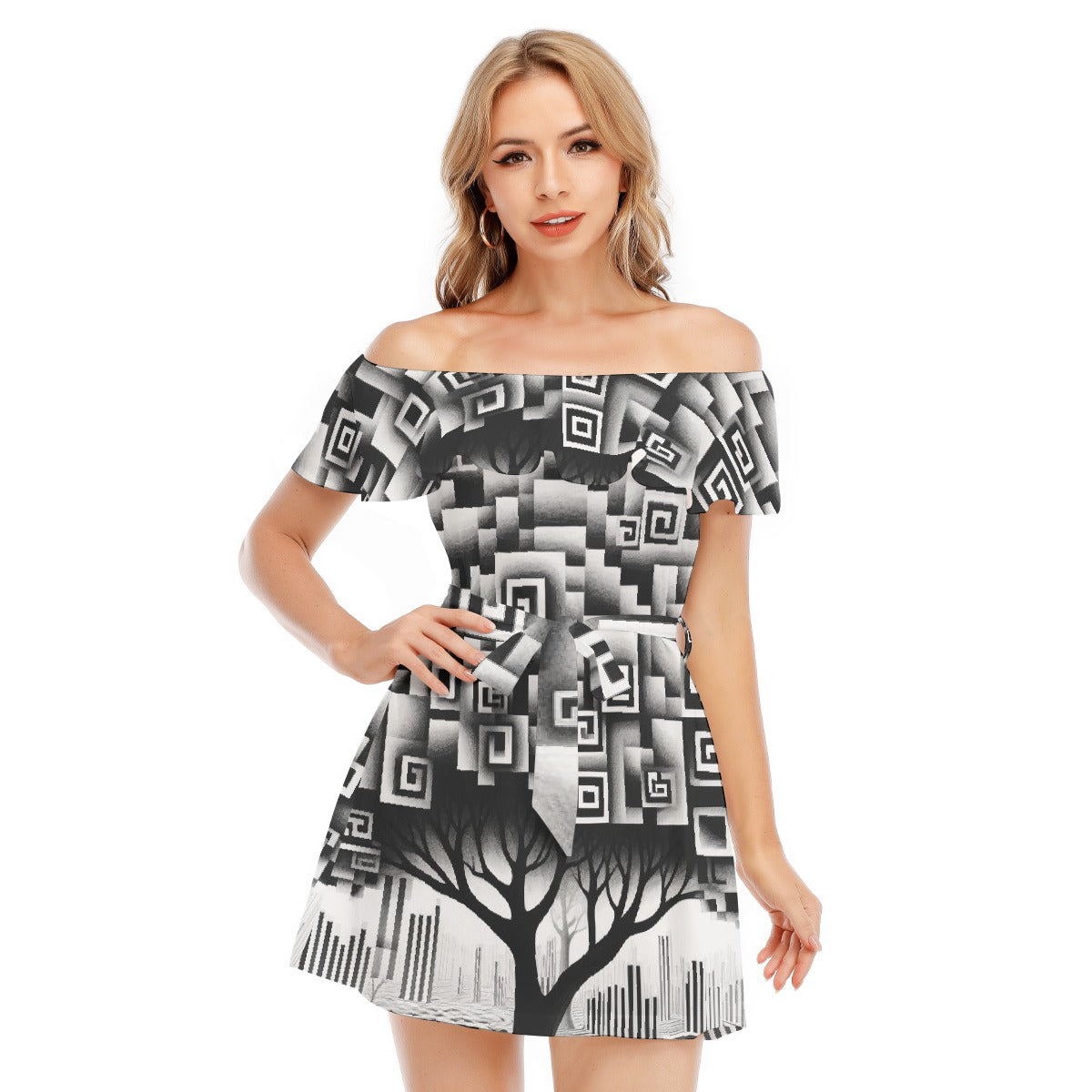 All-Over Print Women's Off-shoulder Dress With Ruffle