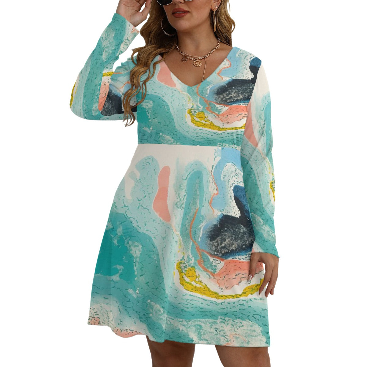 All-Over Print Women's V-neck Long Sleeve Dress(Plus Size)