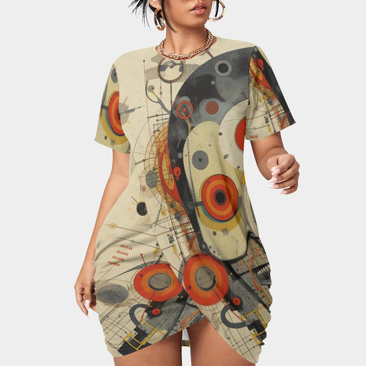 All-Over Print Women’s Stacked Hem Dress With Short Sleeve（Plus Size）