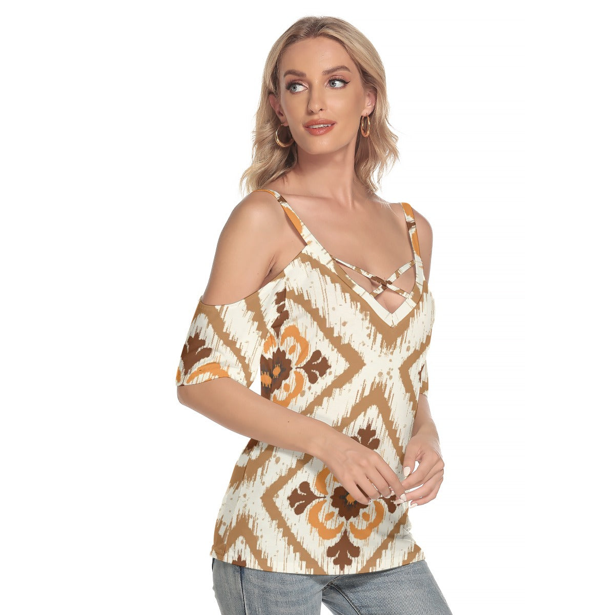 All-Over Print Women's Cold Shoulder T-shirt With Criss Cross Strips