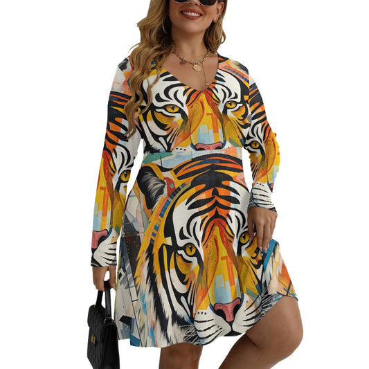 All-Over Print Women's V-neck Long Sleeve Dress(Plus Size)