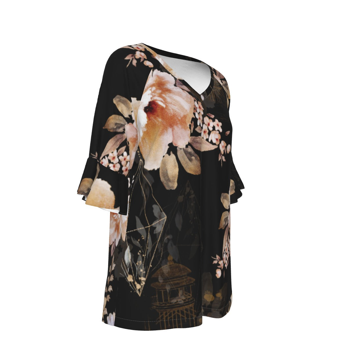 All-Over Print V-neck Women's T-shirt With Bell Sleeve