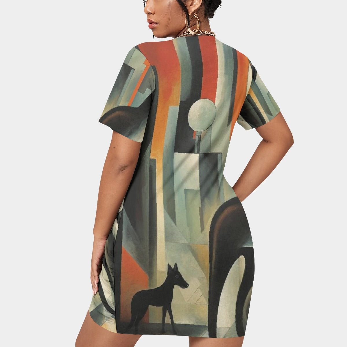 All-Over Print Women’s Stacked Hem Dress With Short Sleeve（Plus Size）