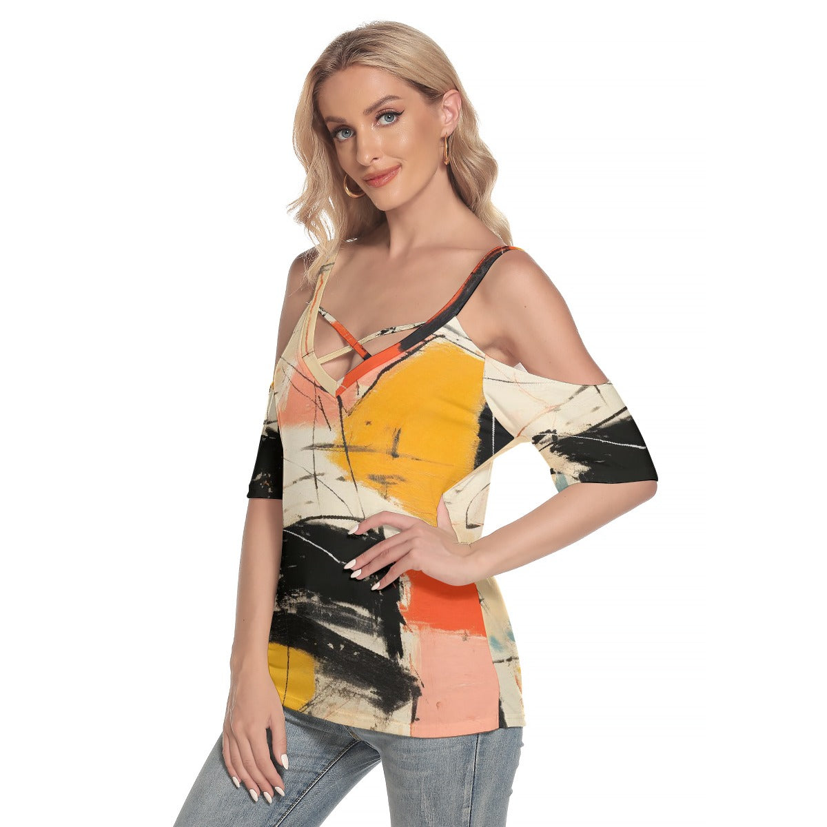 All-Over Print Women's Cold Shoulder T-shirt With Criss Cross Strips