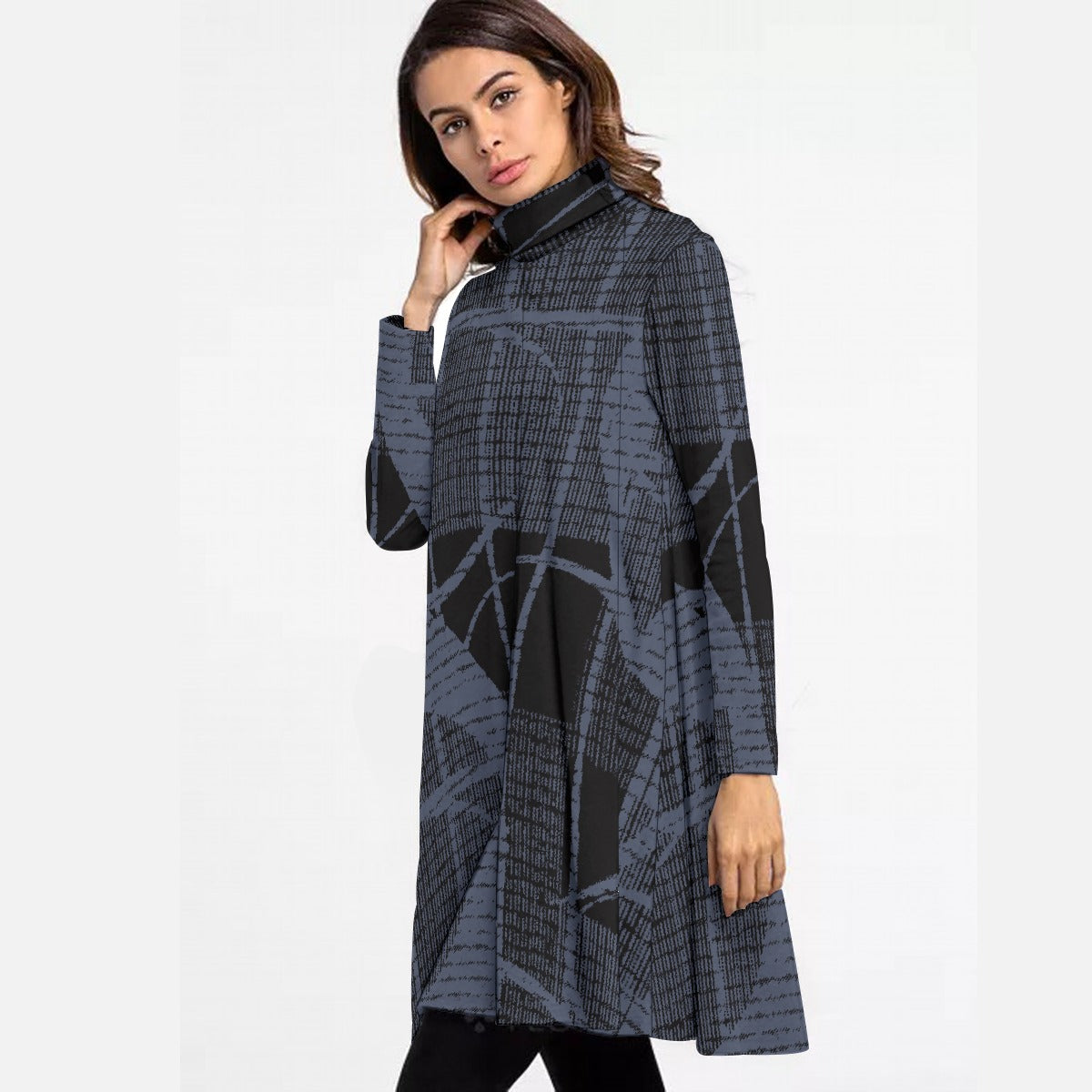 All-Over Print Women's High Neck Dress With Long Sleeve