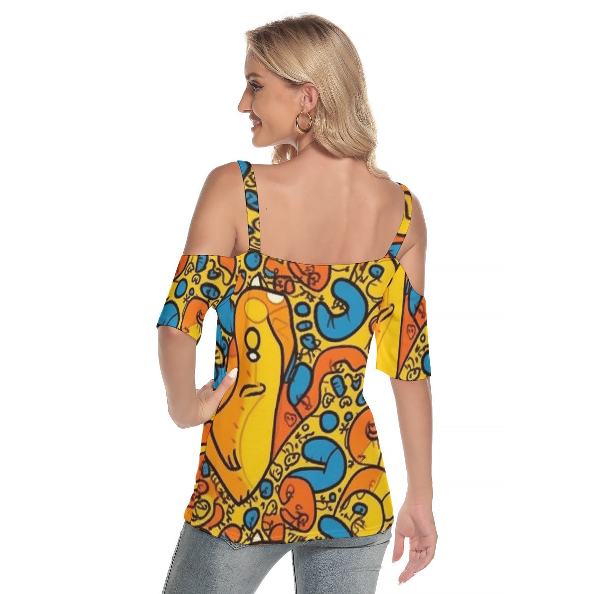 All-Over Print Women's Cold Shoulder T-shirt With Criss Cross Strips