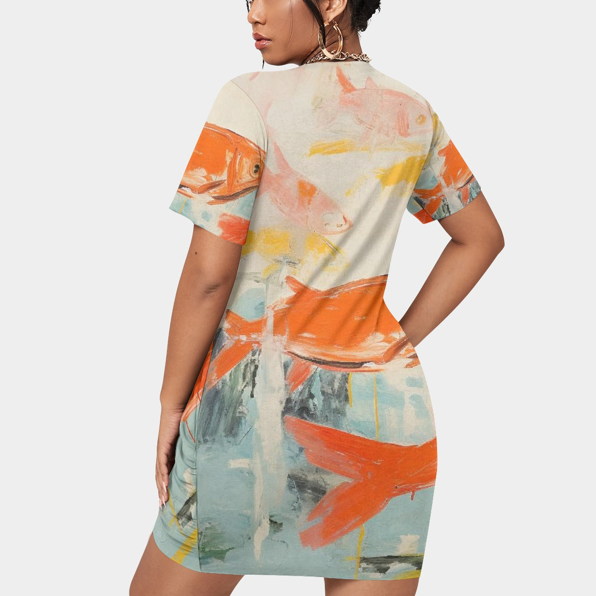 All-Over Print Women’s Stacked Hem Dress With Short Sleeve（Plus Size）