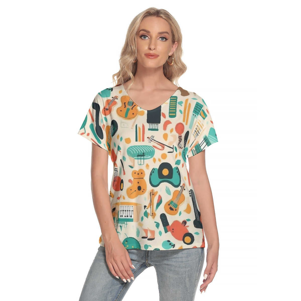 All-Over Print Women's Loose V-neck Short Sleeve T-shirt