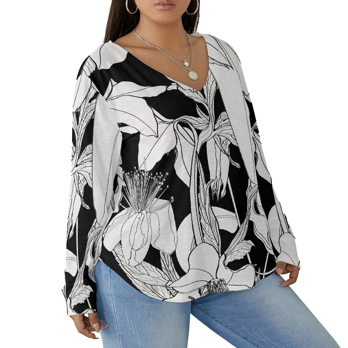 All-Over Print Women's V-neck T-shirt With Curved Hem(Plus Size)