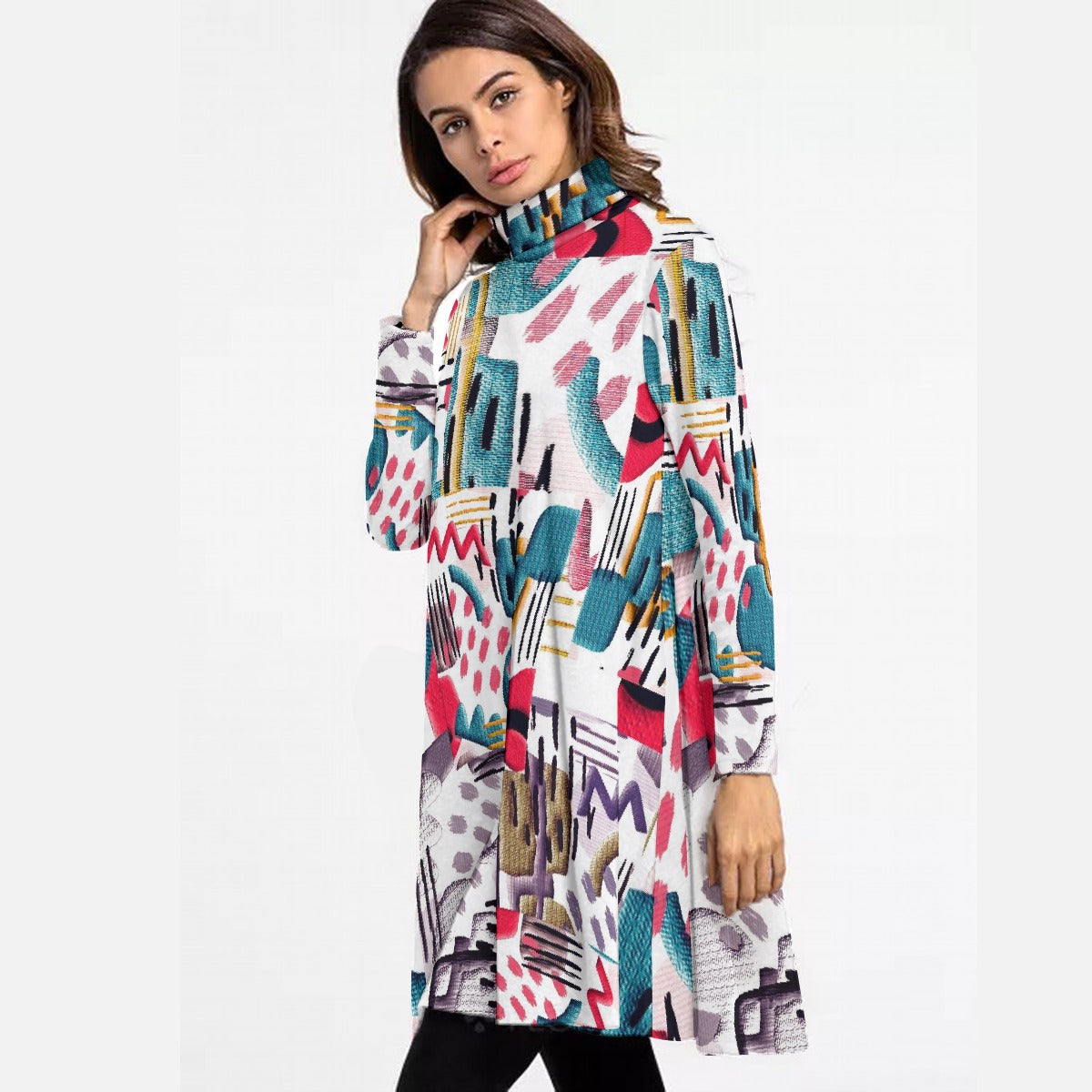 All-Over Print Women's High Neck Dress With Long Sleeve