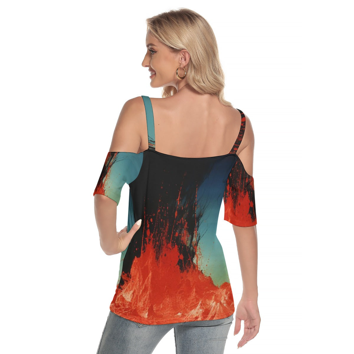 All-Over Print Women's Cold Shoulder T-shirt With Criss Cross Strips