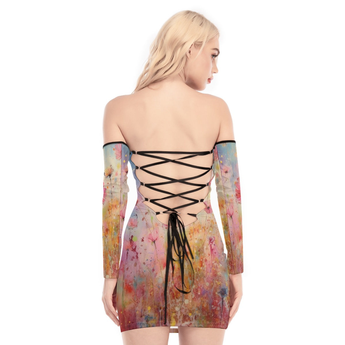 All-Over Print Women's Off-shoulder Back Lace-up Dress