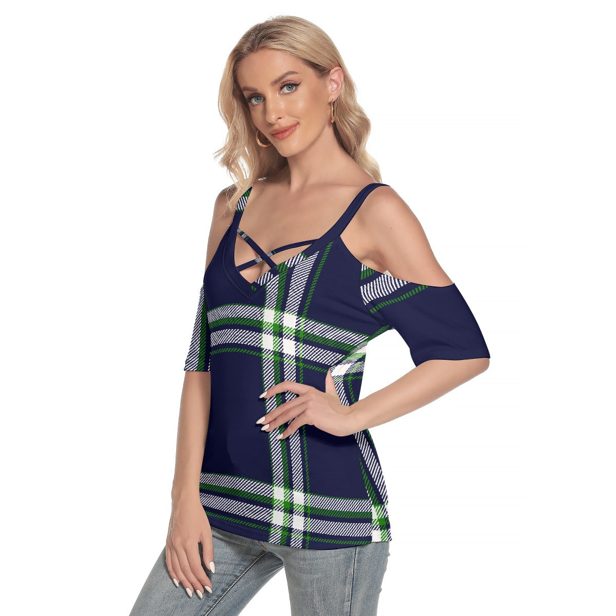 All-Over Print Women's Cold Shoulder T-shirt With Criss Cross Strips