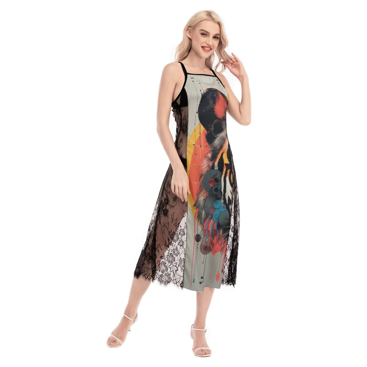 All-Over Print Women's Lace Cami Cross Back Dress