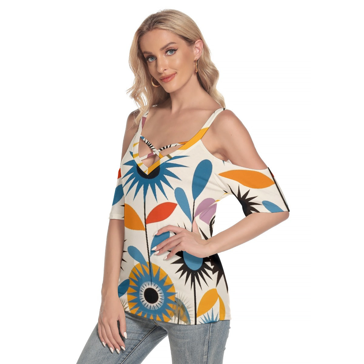 All-Over Print Women's Cold Shoulder T-shirt With Criss Cross Strips