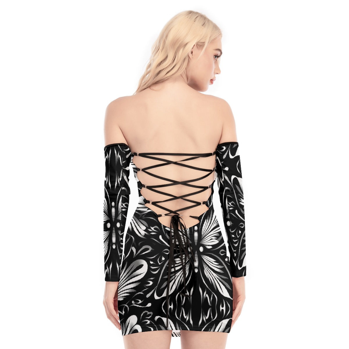 All-Over Print Women's Off-shoulder Back Lace-up Dress