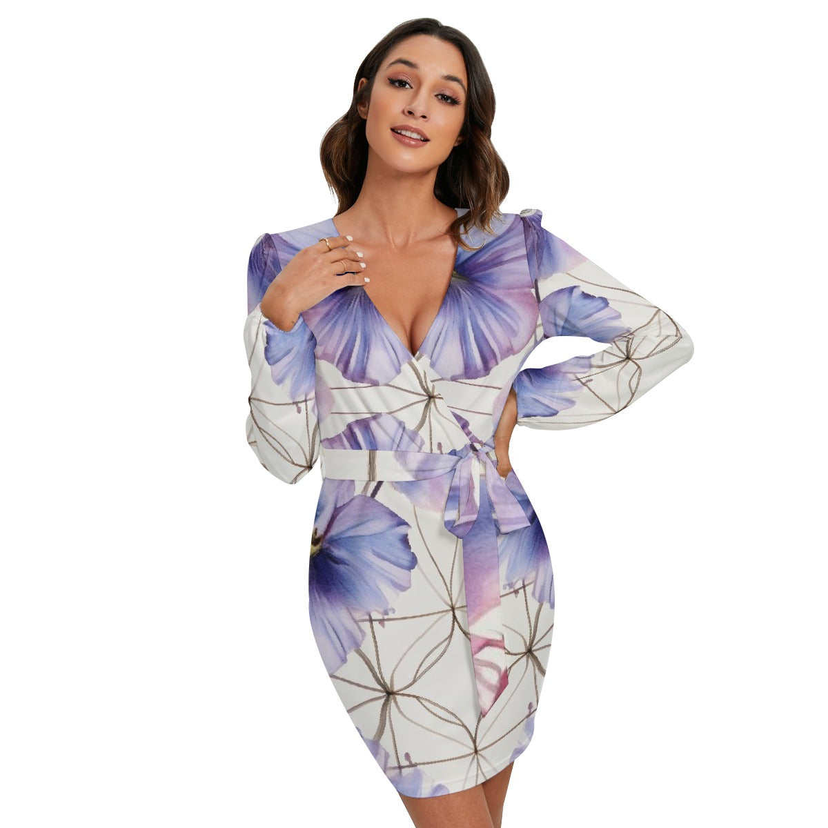 All-Over Print Women's Long Sleeve Dress With Waist Belt