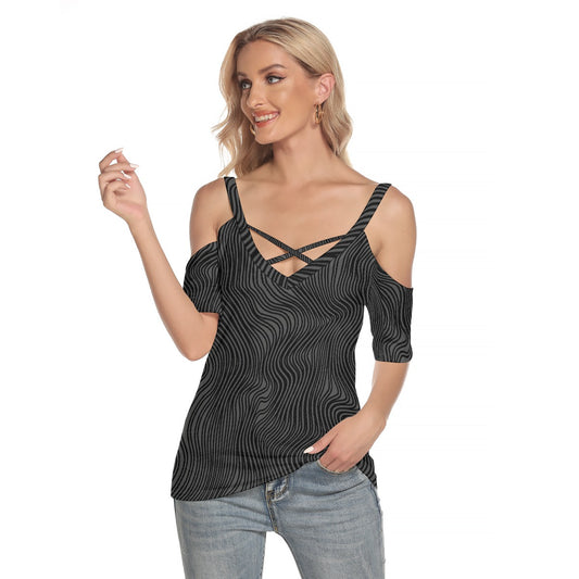 All-Over Print Women's Cold Shoulder T-shirt With Criss Cross Strips