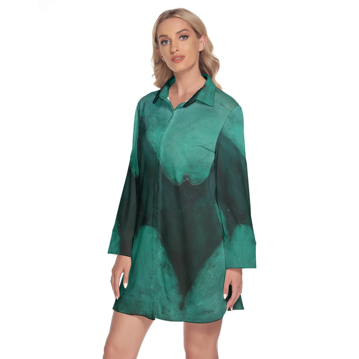 All-Over Print Women's Lapel Shirt Dress With Long Sleeve