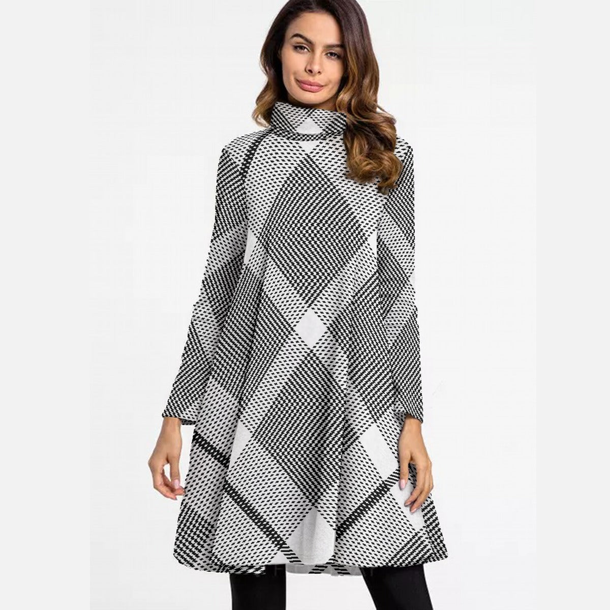 All-Over Print Women's High Neck Dress With Long Sleeve