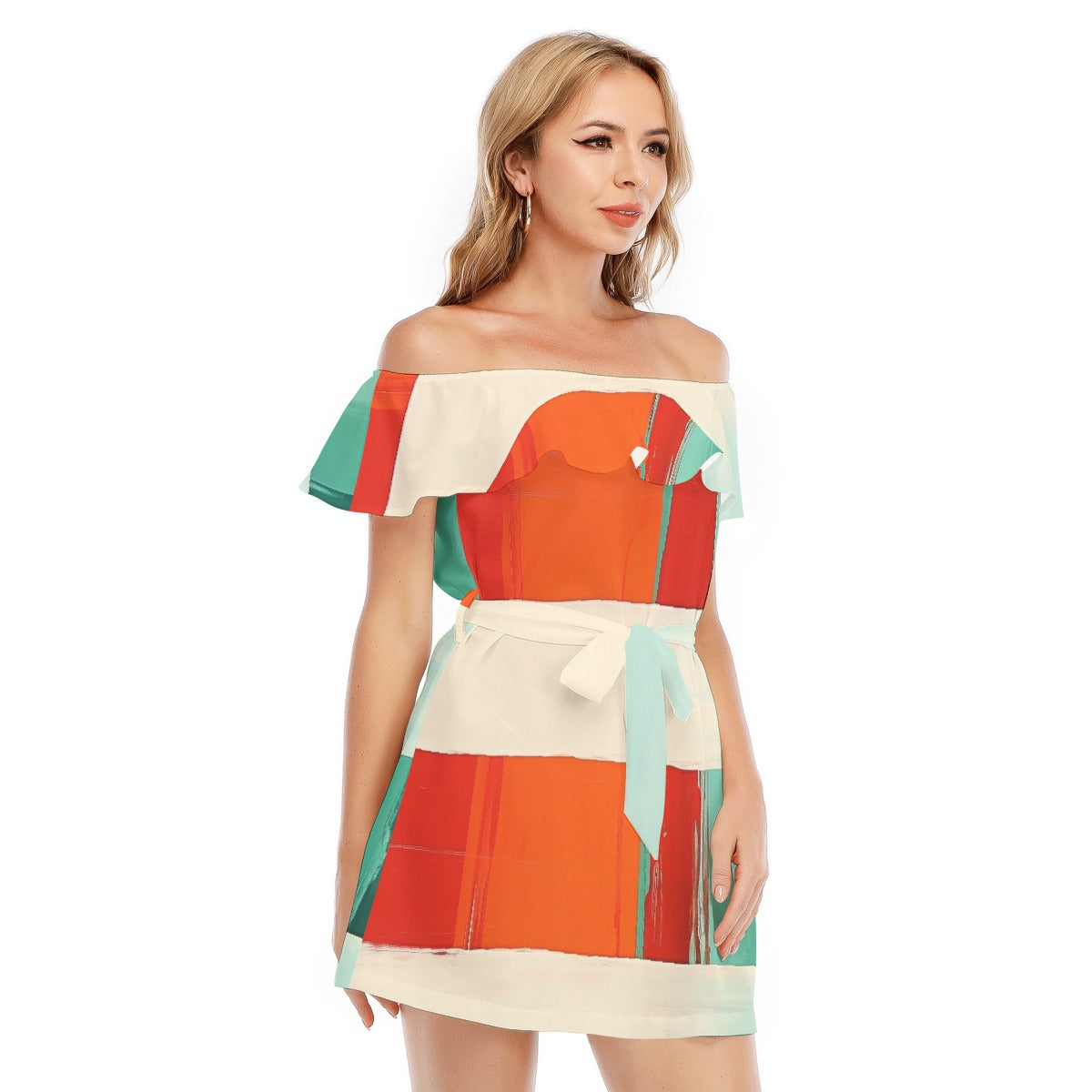 All-Over Print Women's Off-shoulder Dress With Ruffle