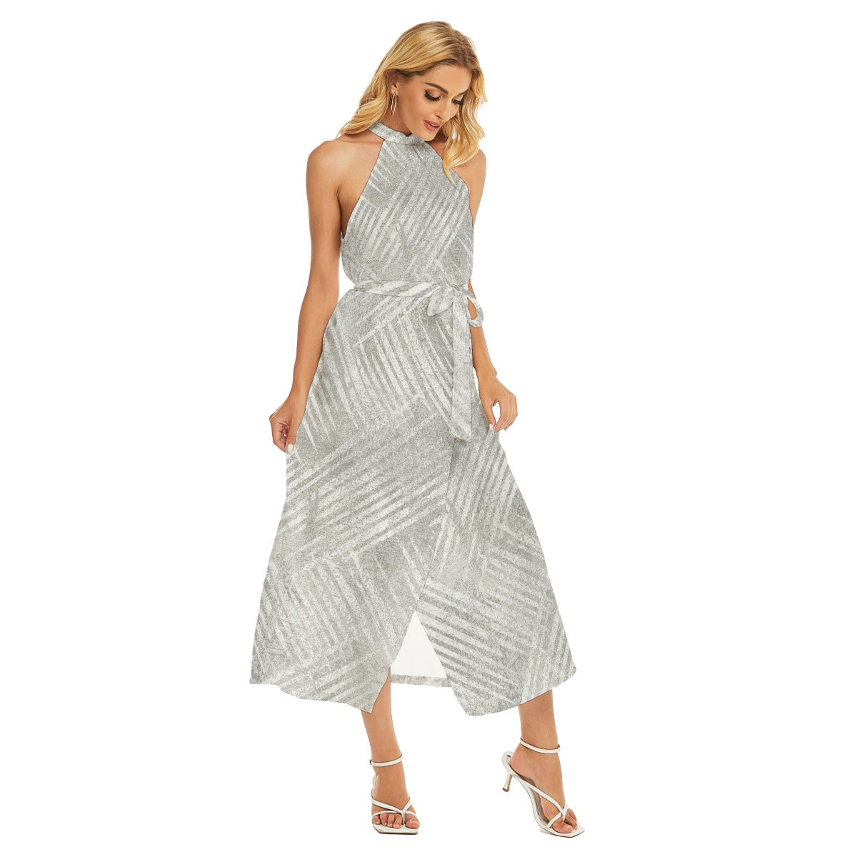 All-Over Print Women's Wrap Hem Belted Halter Dress