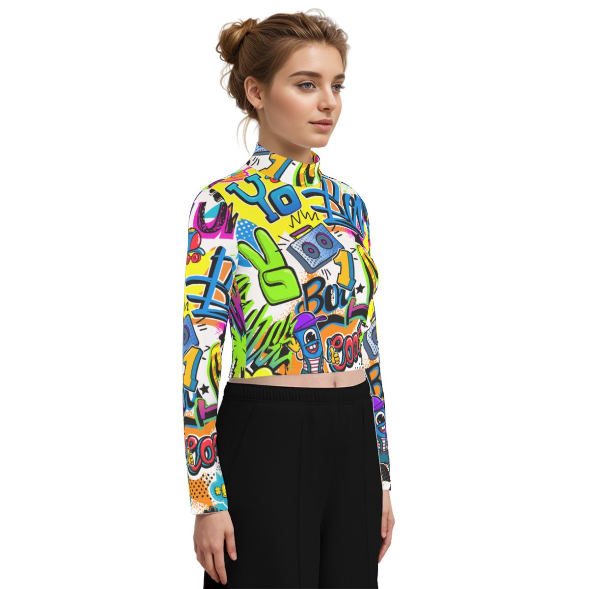 Eco-Friendly All-Over Print Women's Turtleneck T-shirt With Long Sleeve