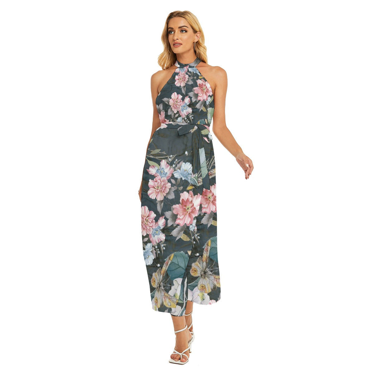 All-Over Print Women's Wrap Hem Belted Halter Dress