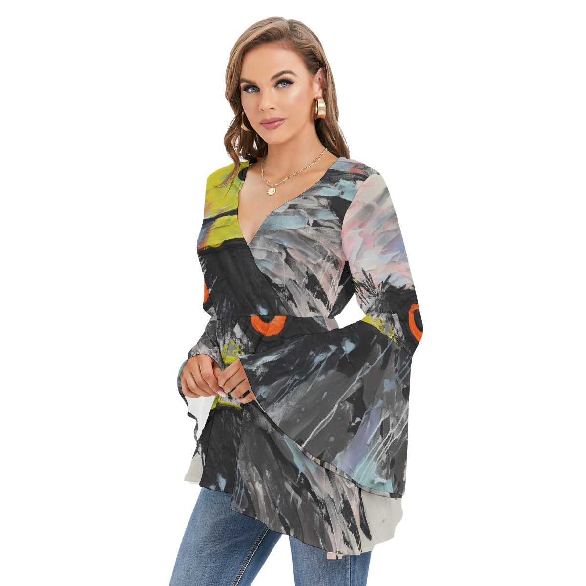 All-Over Print Women's V-neck Blouse With Flared Sleeves