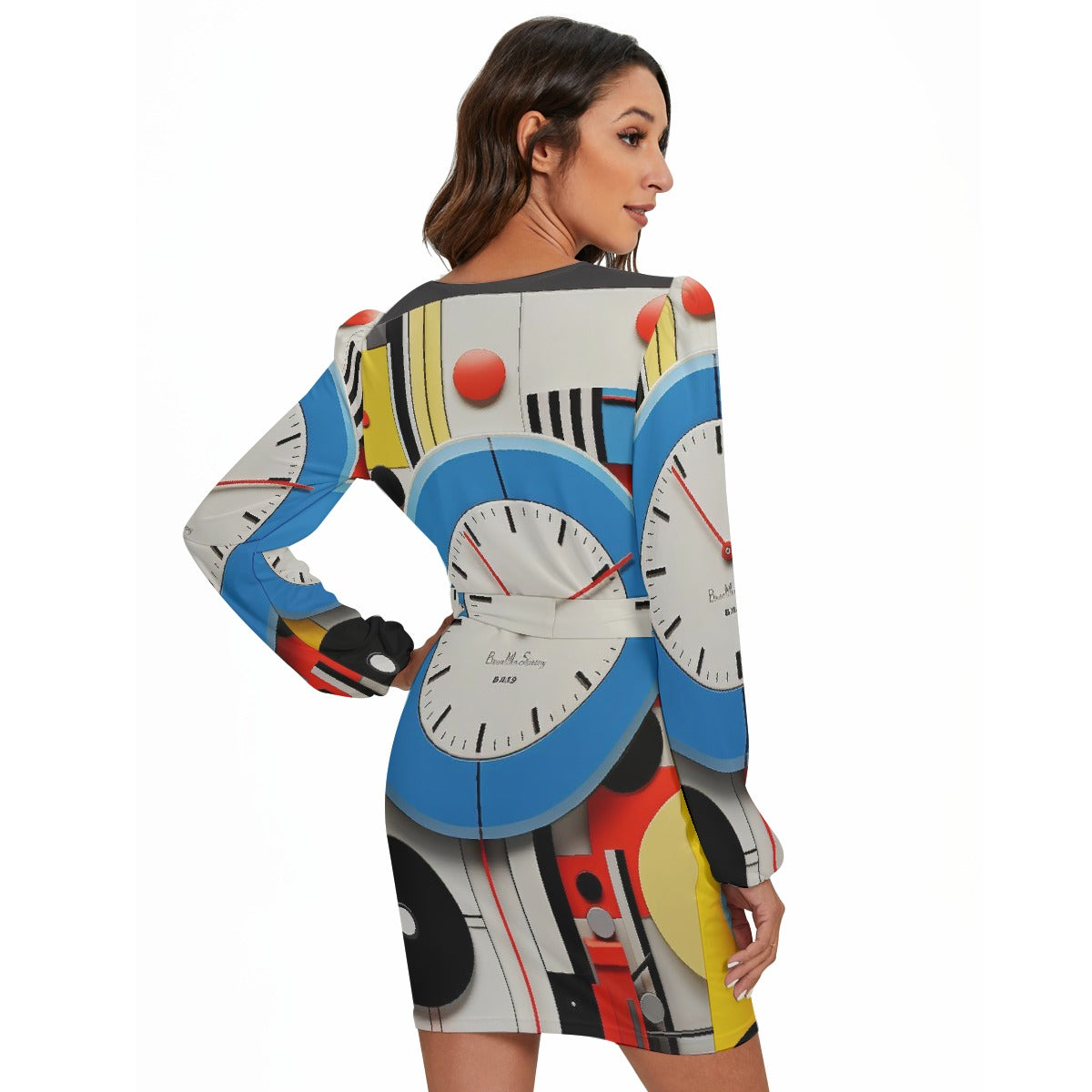 All-Over Print Women's Long Sleeve Dress With Waist Belt