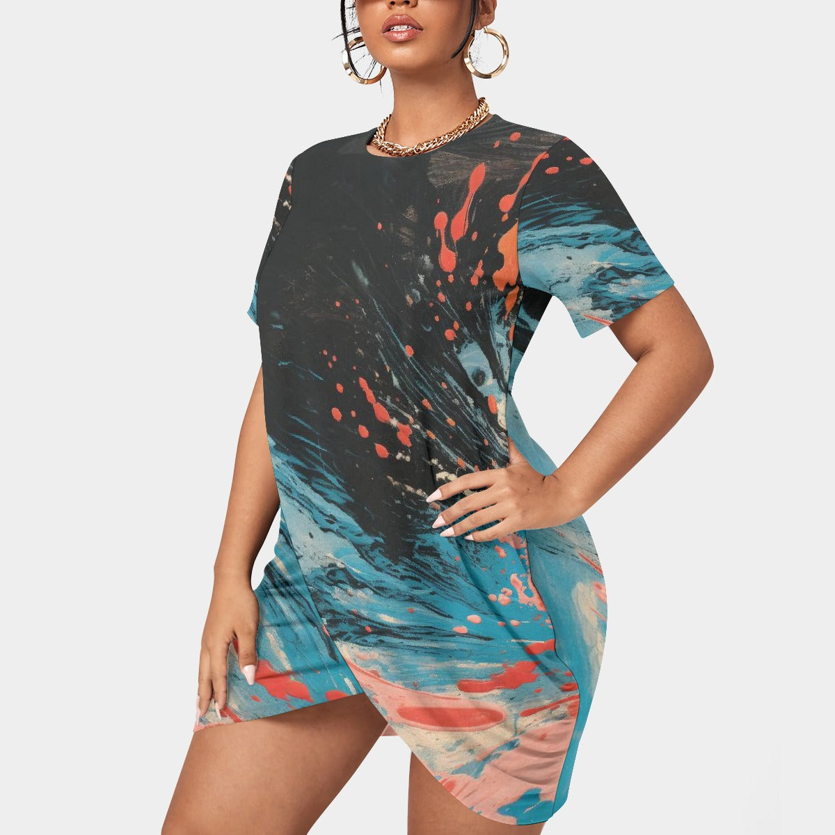 All-Over Print Women’s Stacked Hem Dress With Short Sleeve（Plus Size）