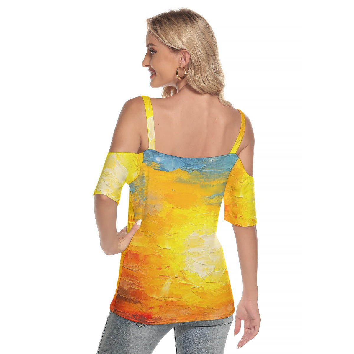 All-Over Print Women's Cold Shoulder T-shirt With Criss Cross Strips