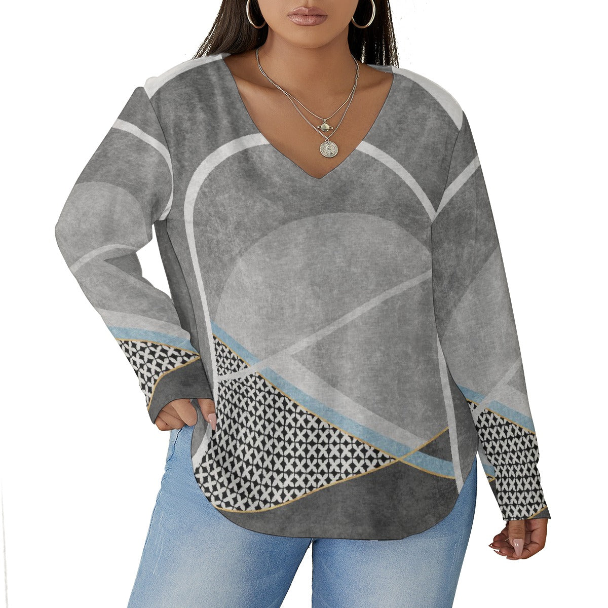 All-Over Print Women's V-neck T-shirt With Curved Hem(Plus Size)