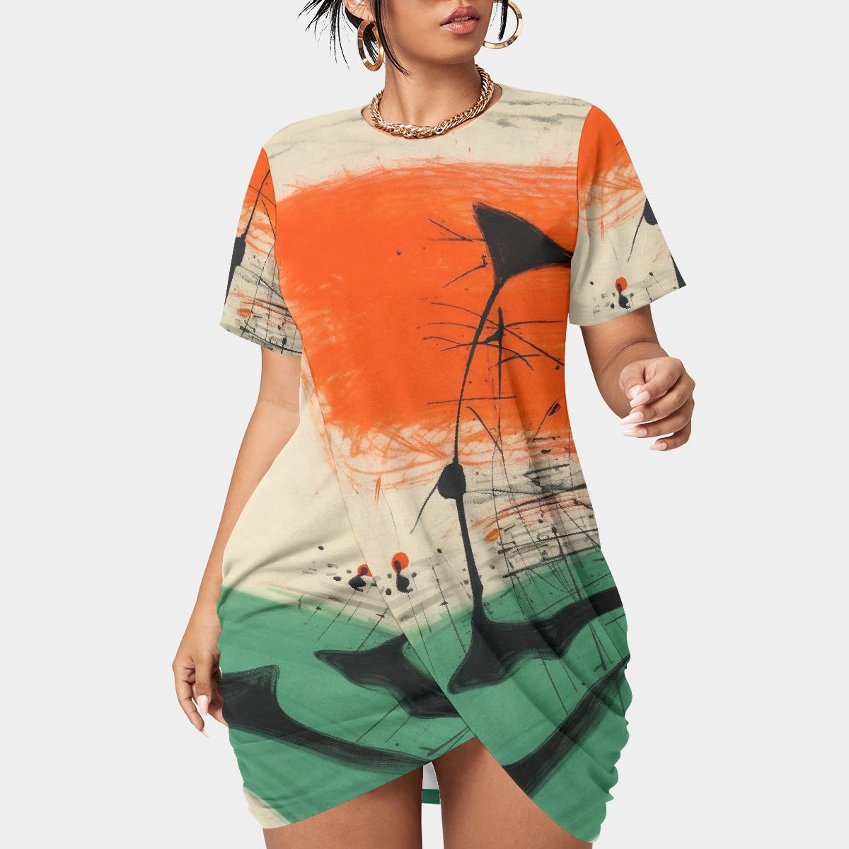 All-Over Print Women’s Stacked Hem Dress With Short Sleeve（Plus Size）