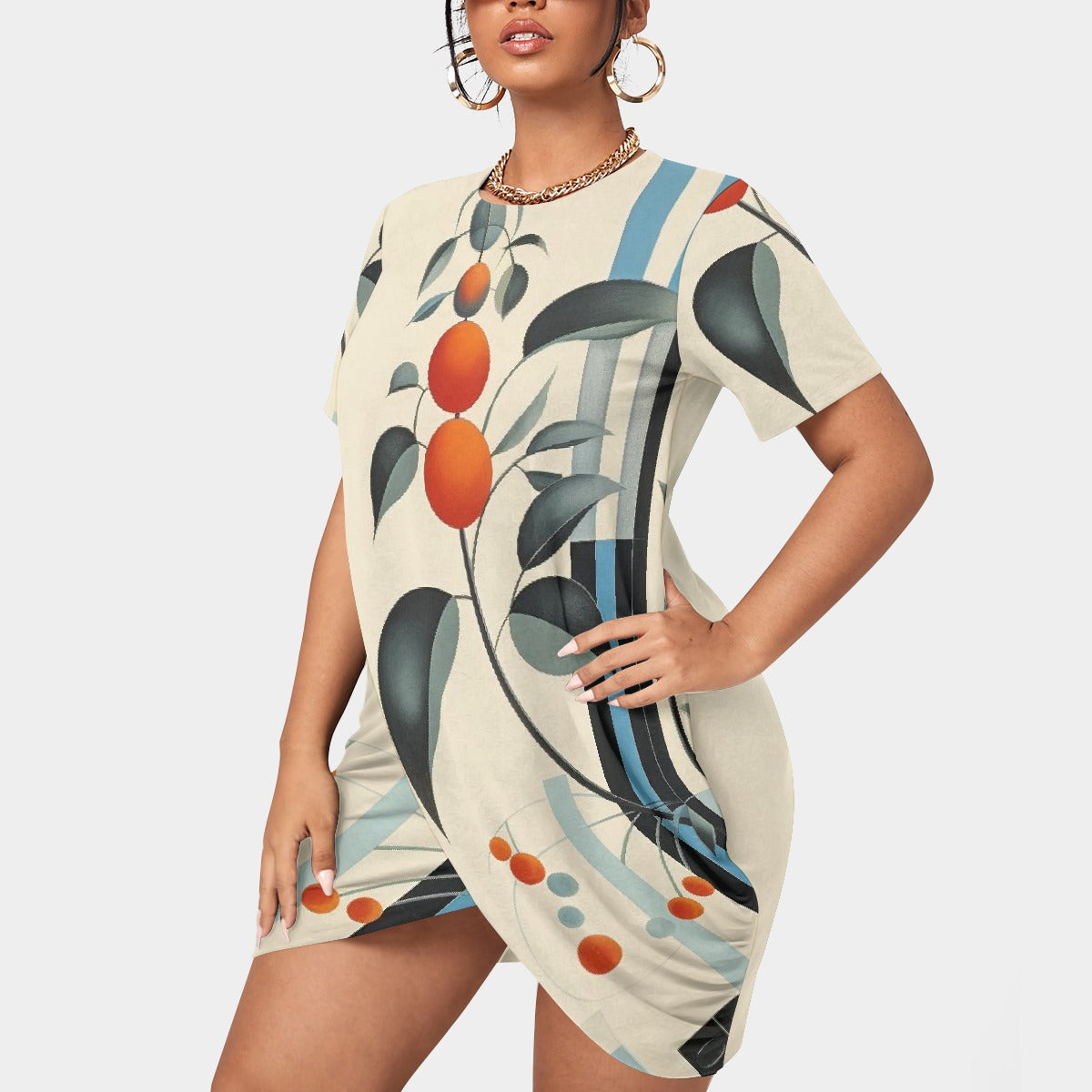 All-Over Print Women’s Stacked Hem Dress With Short Sleeve（Plus Size）