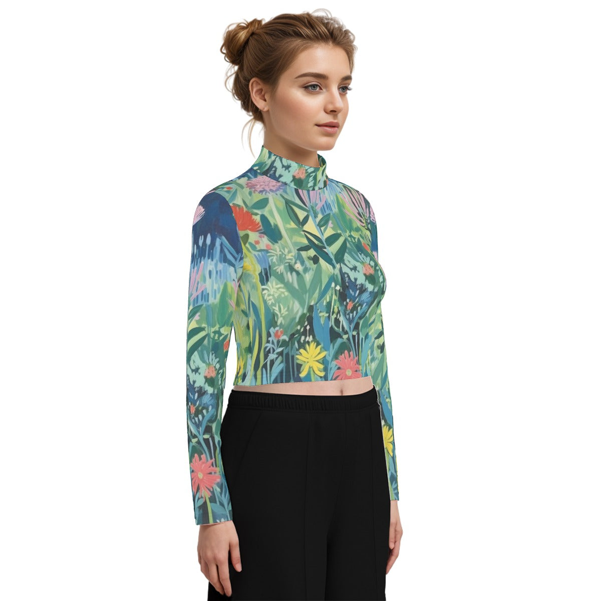 Eco-Friendly All-Over Print Women's Turtleneck T-shirt With Long Sleeve