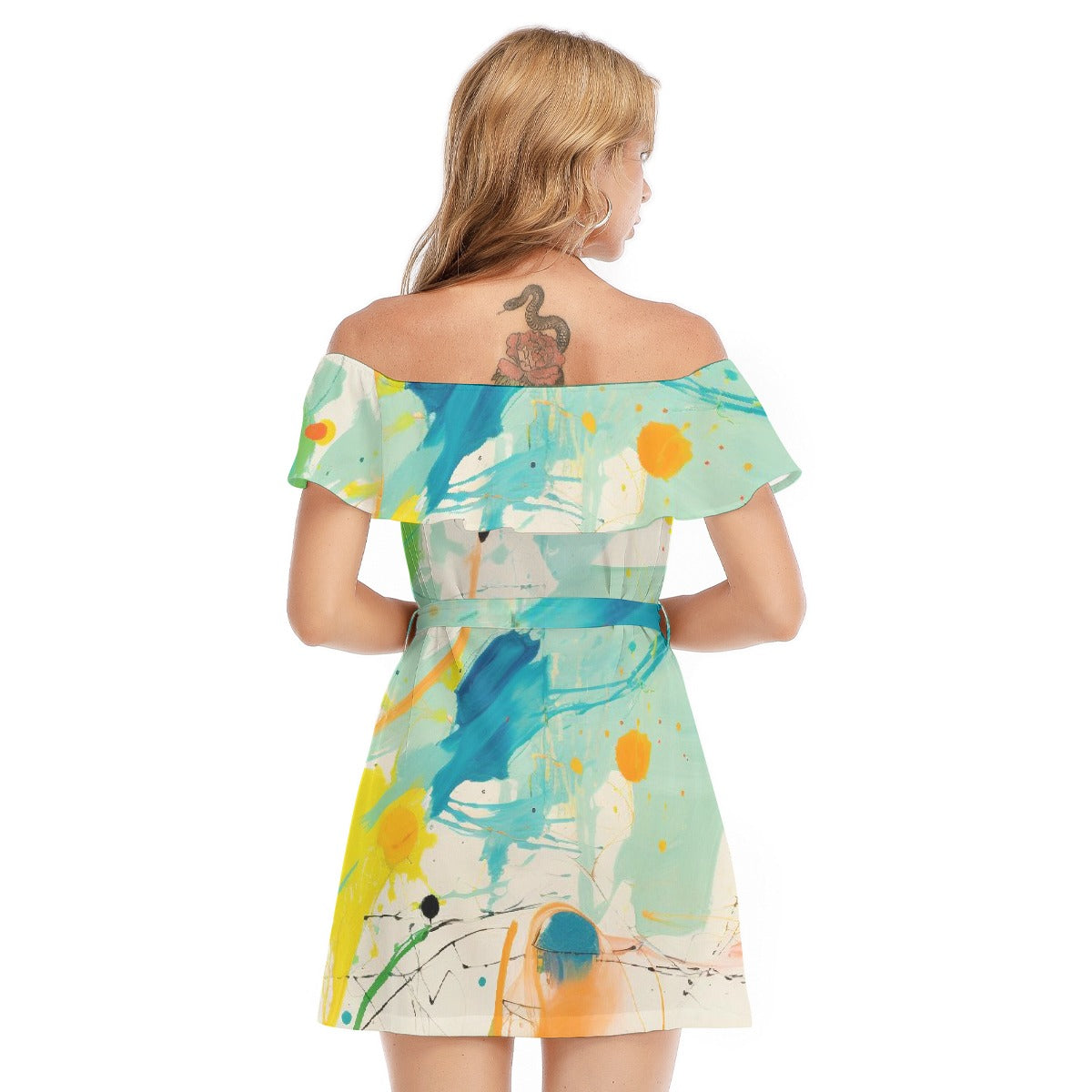 All-Over Print Women's Off-shoulder Dress With Ruffle