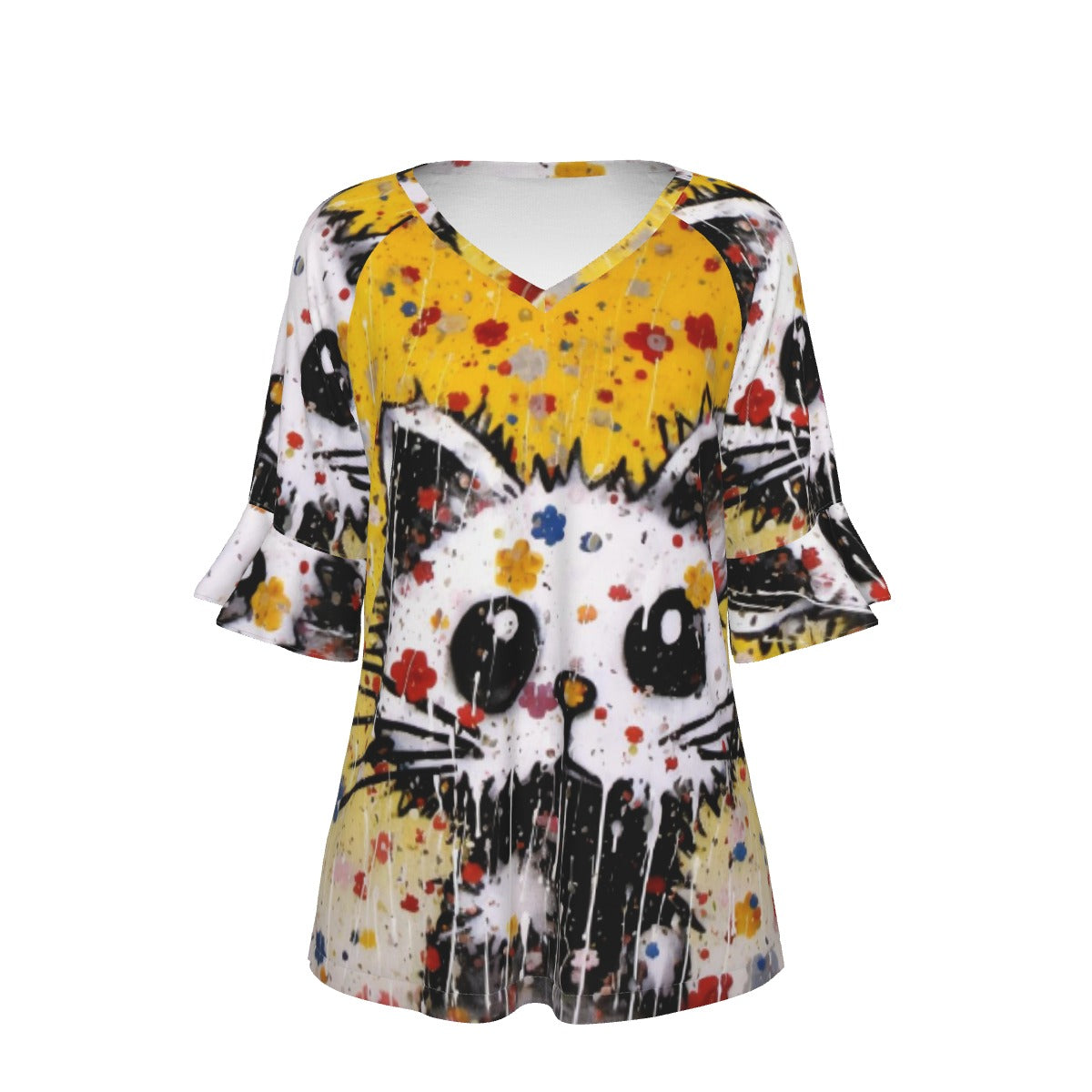 All-Over Print V-neck Women's T-shirt With Bell Sleeve