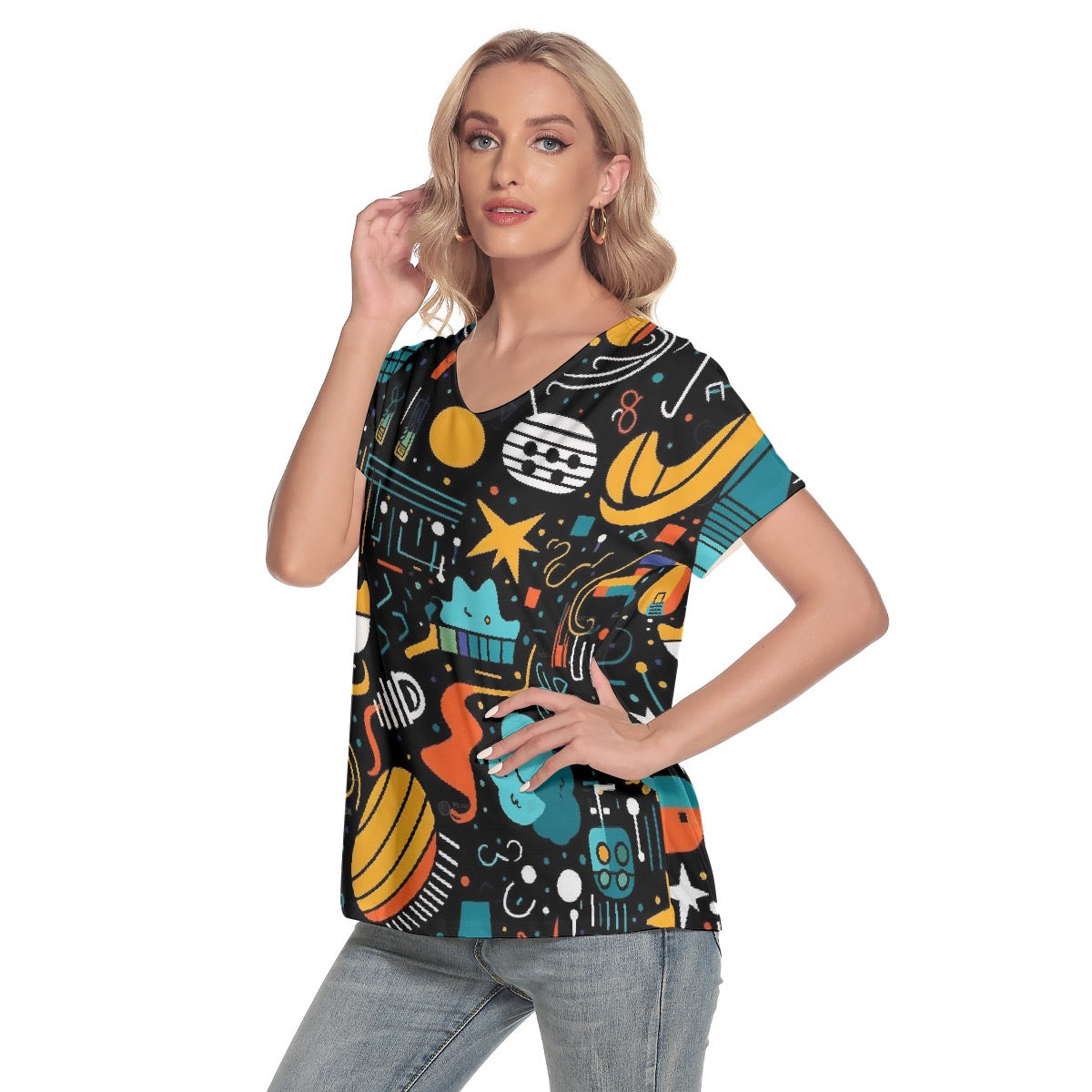 All-Over Print Women's Loose V-neck Short Sleeve T-shirt