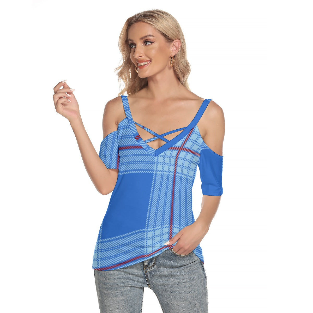 All-Over Print Women's Cold Shoulder T-shirt With Criss Cross Strips