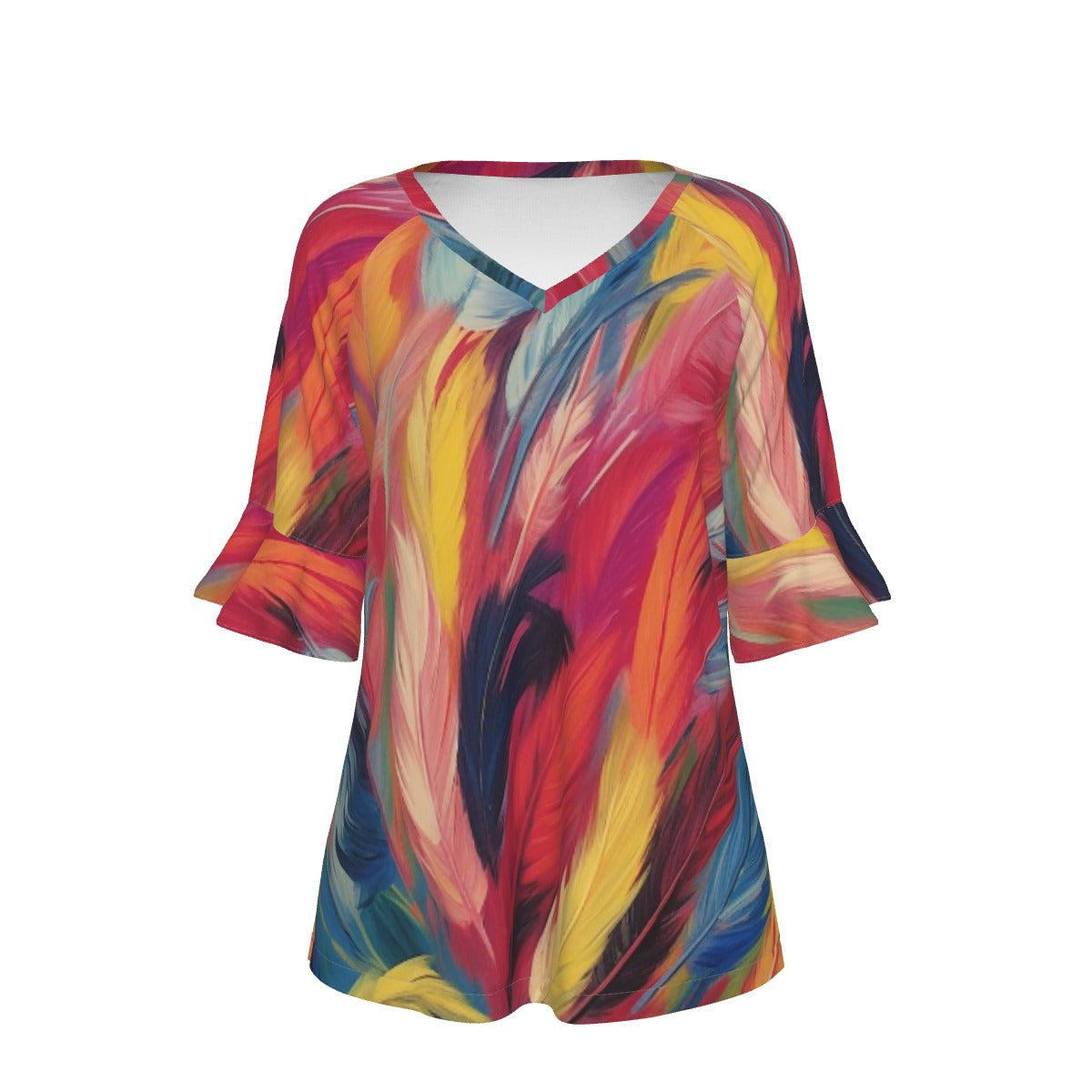 All-Over Print V-neck Women's T-shirt With Bell Sleeve