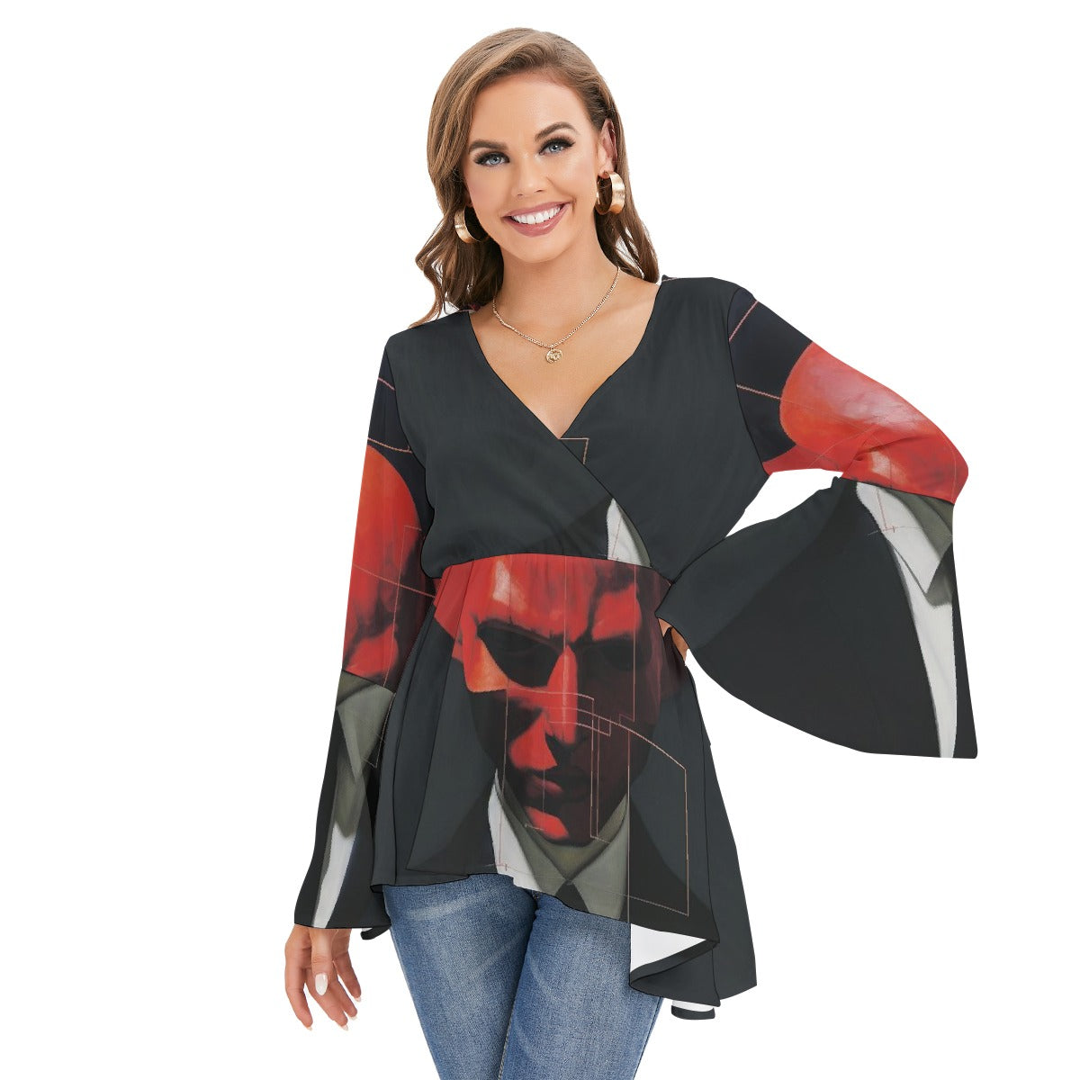 All-Over Print Women's V-neck Blouse With Flared Sleeves