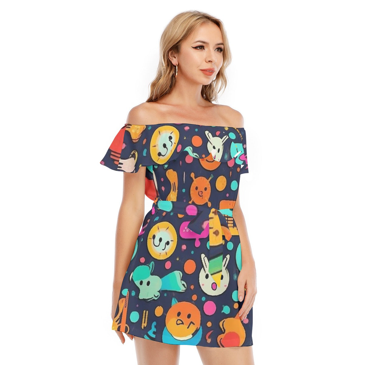 All-Over Print Women's Off-shoulder Dress With Ruffle