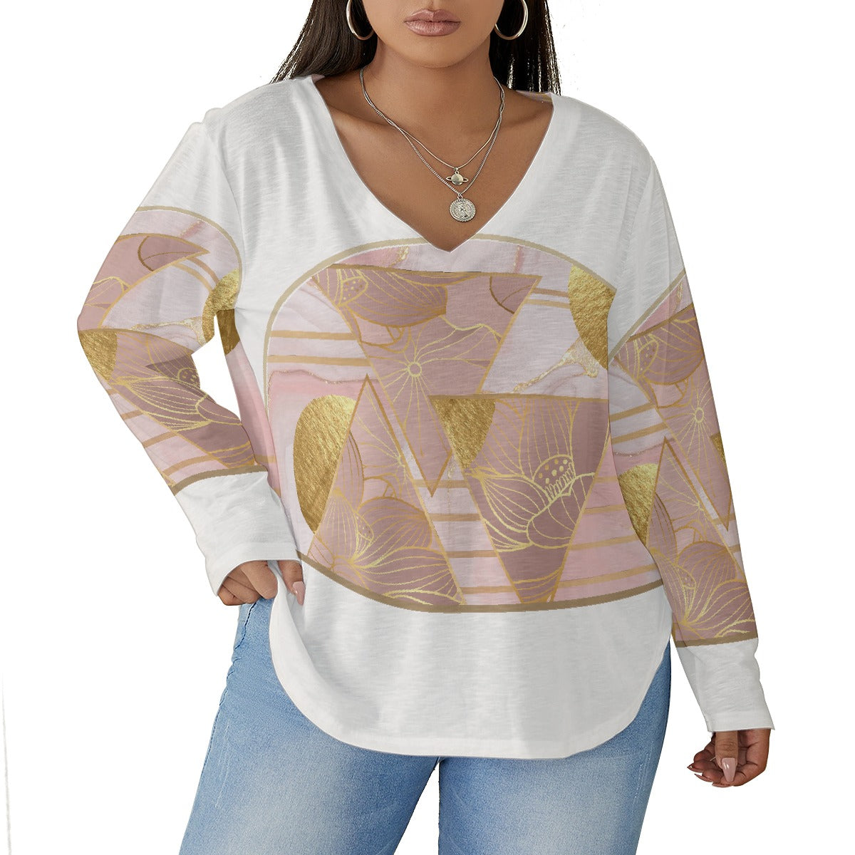 All-Over Print Women's V-neck T-shirt With Curved Hem(Plus Size)