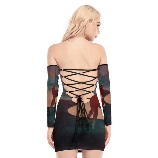 All-Over Print Women's Off-shoulder Back Lace-up Dress