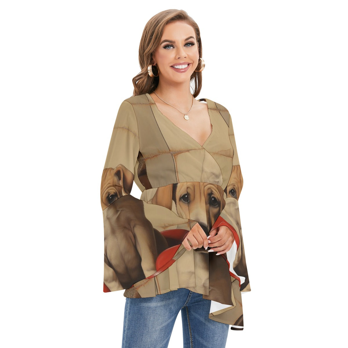 All-Over Print Women's V-neck Blouse With Flared Sleeves