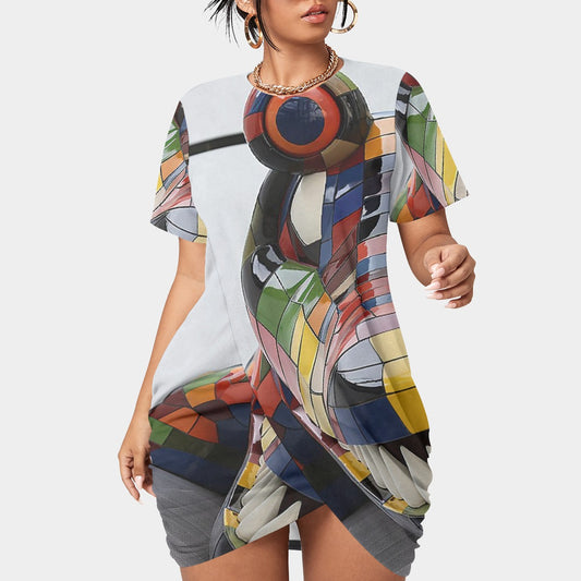 All-Over Print Women’s Stacked Hem Dress With Short Sleeve（Plus Size）