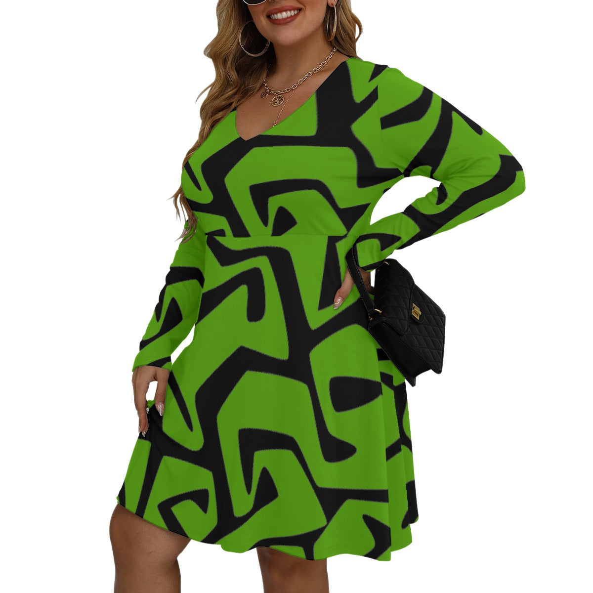 All-Over Print Women's V-neck Long Sleeve Dress(Plus Size)